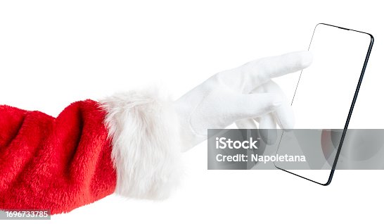Santa hand pointing to white blank of phone screen. Isolated with clipping path.