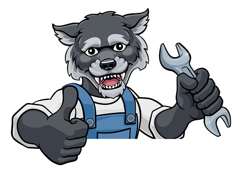 A wolf cartoon animal mascot plumber, mechanic or handyman builder construction maintenance contractor peeking around a sign holding a spanner or wrench and giving a thumbs up
