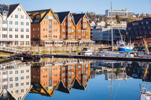 springtime tromsoe cityscape springtime morning view of Tromsoe downtown, Norway tromso stock pictures, royalty-free photos & images