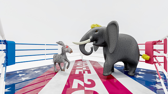 Republican elephant and democratic donkey in the boxing ring.