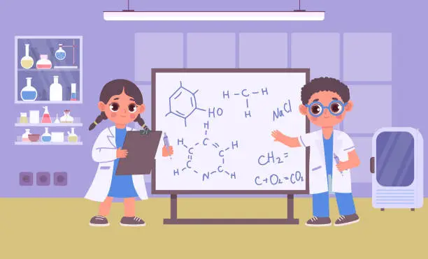 Vector illustration of Cartoon kids in robes do chemistry experiment, children scientists