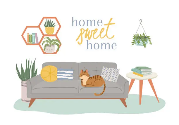 Vector illustration of Scandic cozy interiors, sweet home with cat