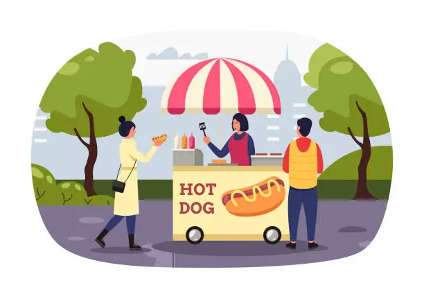 Vector illustration of Woman buying hot dog, concept of street food