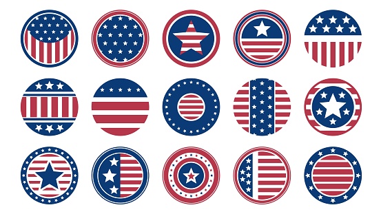 US American flag circle label. Round stamp with american patriotic emblem, America country flag with stripes and stars. Vector flat sticker set of flag stamp label illustration
