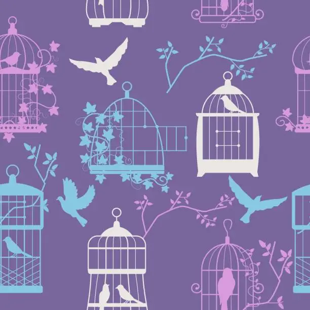 Vector illustration of Bird cage pattern. Seamless print of ornate wooden bird cages with various animals, nature decorative background for wrapping paper. Vector texture of cage seamless pattern wallpaper illustration