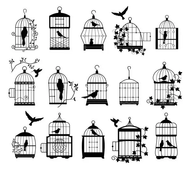 Vector illustration of Bird cages with birds silhouettes. Black wall decals with flying birds in cages, minimalistic decorative art for interior. Vector isolated collection of silhouette black cage illustration