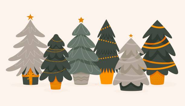 Christmas trees in pots. Cartoon green fir trees decorated with baubles, christmas tree in bucket with gifts for new year celebration. Vector isolated set Christmas trees in pots. Cartoon green fir trees decorated with baubles, christmas tree in bucket with gifts for new year celebration. Vector isolated set. Illustration of fir tree green cartoon christmas tree stock illustrations