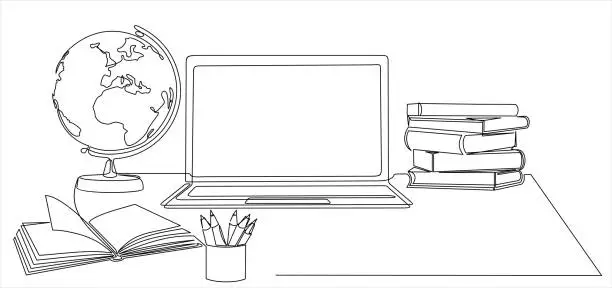 Vector illustration of One continuous line drawing of computer laptop, globe, books stack and  pencils. Study space desk concept. Single line draw design vector illustration