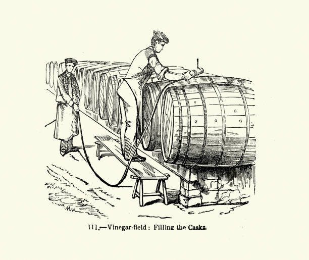 Vintage illustration of Workers filling casks in a vinegar factory, History, 1850s 19th Century.