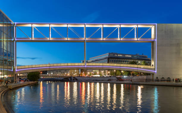Germany, Berlin, September 20, 2023 - Pedestrian bridge between government buildings over river Spree, Berlin government district