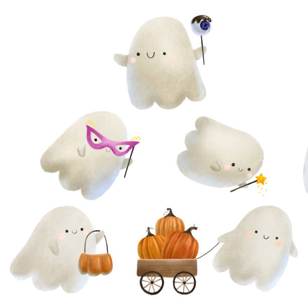 set of funny ghosts with pumpkin, truck lollipop and masquerade mask and magic wand. Cute childish isolated caspers set of funny ghosts with pumpkin, truck lollipop and masquerade mask and magic wand. Cute childish isolated caspers casper wyoming stock illustrations