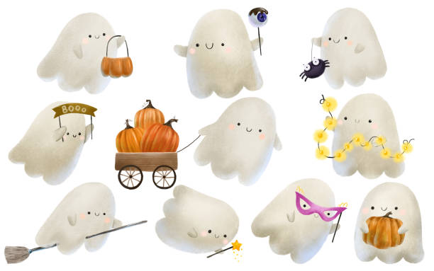 clipart with cartton halloween ghost. Spirits with pumpkins, truck,playing with black spider, flying on wizard broom, magic wand and yellow lamp garland. Halloween funny caspers , isolated art clipart with cartton halloween ghost. Spirits with pumpkins, truck,playing with black spider, flying on wizard broom, magic wand and yellow lamp garland. Halloween funny caspers , isolated art casper wyoming stock illustrations
