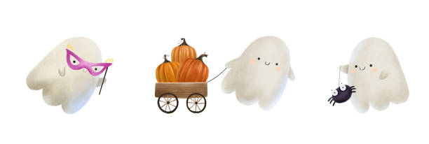 Halloween caspers with masquerade pink mask, truck with pumpkins, and ghost play with black spider. Funny holiday isolated illustration Halloween caspers with masquerade pink mask, truck with pumpkins, and ghost play with black spider. Funny holiday isolated illustration casper wyoming stock illustrations