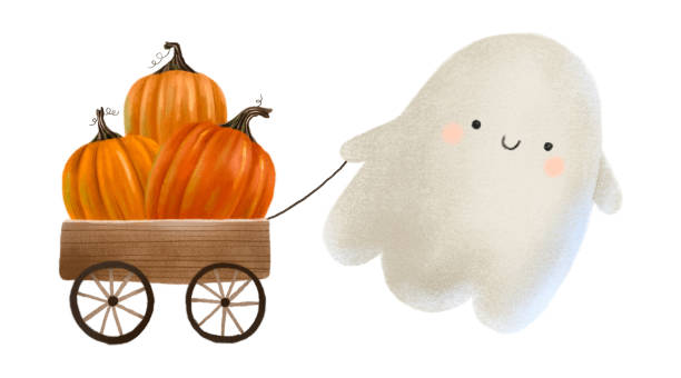 The ghost is pushing a wooden cart with orange pumpkins. Illustr The ghost is pushing a wooden cart with orange pumpkins. Illustration for Halloween. Isolated element casper wyoming stock illustrations