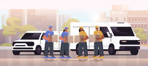 Vector illustration of deliverymen holding cardboard boxes near delivery van couriers carrying parcels express delivery service happy labor day celebration
