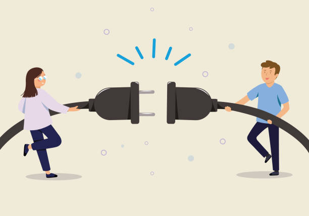 istock Cartoon young woman and man holding electric Plug and Socket unplug outline design vector. Electric wire shock, disconnection, loss of connect. Concept of 404 error connection. 1696859826
