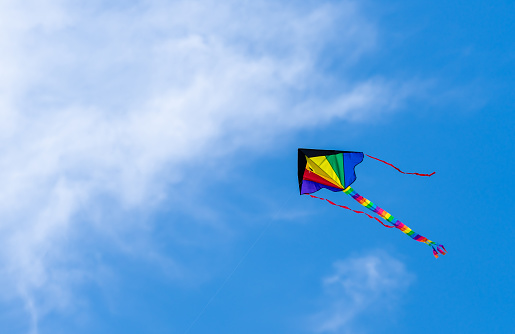 Variety of colorful Kites in a clear blue sky at the Wildwood Kite Festival in New Jersey