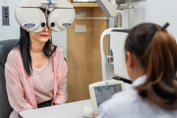 istock Woman getting her eye exam and check by a female Ophthalmologists 1696873006