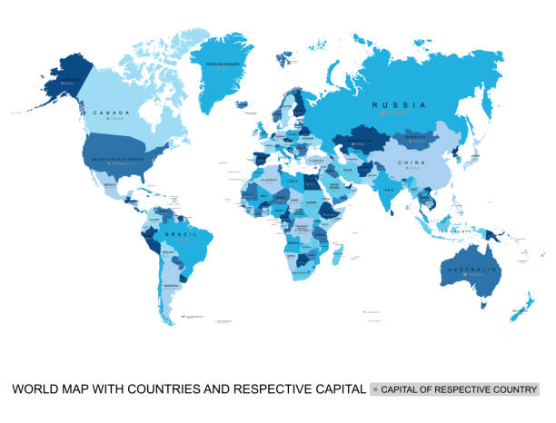 ilustraciones, imágenes clip art, dibujos animados e iconos de stock de diseño vectorial azul abstracto del mapa político del mundo con los países y sus respectivas capitales, nombre y frontera. ilustración moderna de stock. mapa administrativo aislado simplificado con nombre de ciudades capitales. - argentina mundial