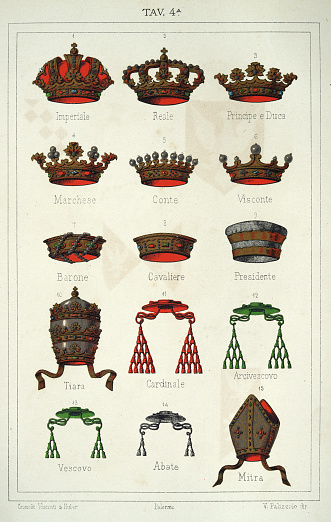 Vintage illustration of Types of medieval heraldic crowns and mitres secular and clerical used in Heraldry, Coats of Arms, Italian