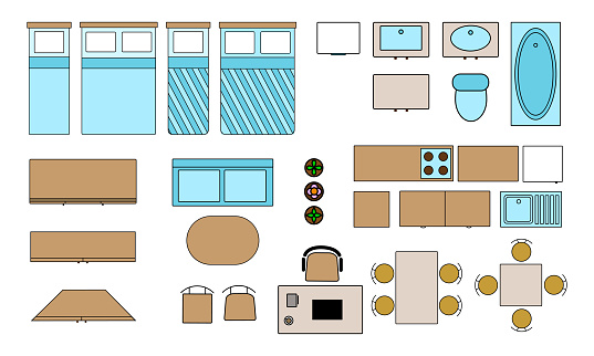 Set of icons furniture and equipment for drawing up an apartment plan, floor plan in top, birds view. Vector illustration