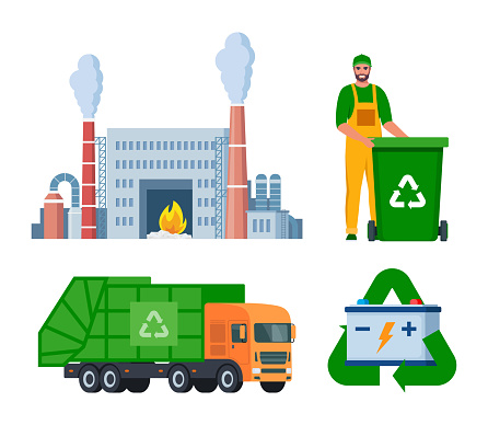 Incineration plant and garbage truck. Garbage man in uniform with green trash bin. Recycling set of elements. Vector illustration