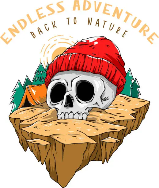 Vector illustration of Vector illustration of camping skull in summer forest cartoon style with camping tent. Suitable for T-shirt designs, sticker, embroidery, web design or print, etc