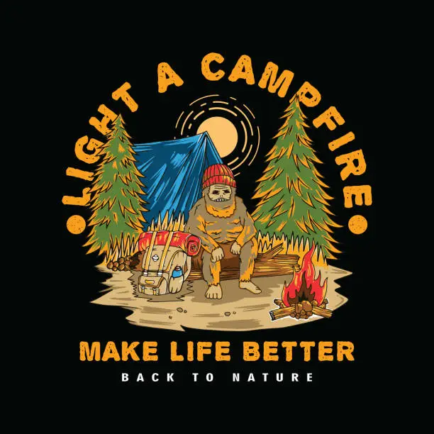 Vector illustration of Vector illustration of camping gorilla in the summer forest using cartoon style with campfire, camping bag, and tent. Suitable for T-shirt designs, sticker, embroidery, web design or print, etc