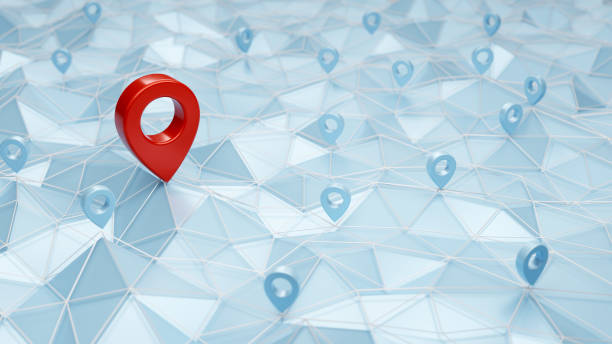 istock Red unique map pin icon surrounded other small ones on the abstract geometric low polygonal surface 1696944488