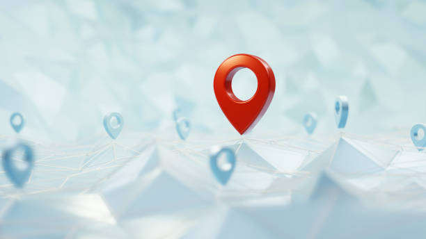 istock Red unique map pin icon surrounded other small ones on the abstract geometric low polygonal surface 1696944492