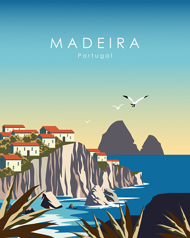 Vector illustration. Madeira, Portugal. Design for poster, banner, postcard, advertisement.