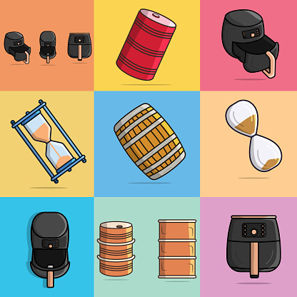 Set of Kitchen Air Fryer vector illustration. Kitchen interior working tool icon concept. Hourglass with Sand Countdown vector illustration. Wooden Barrel with Iron Rings vector illustration.