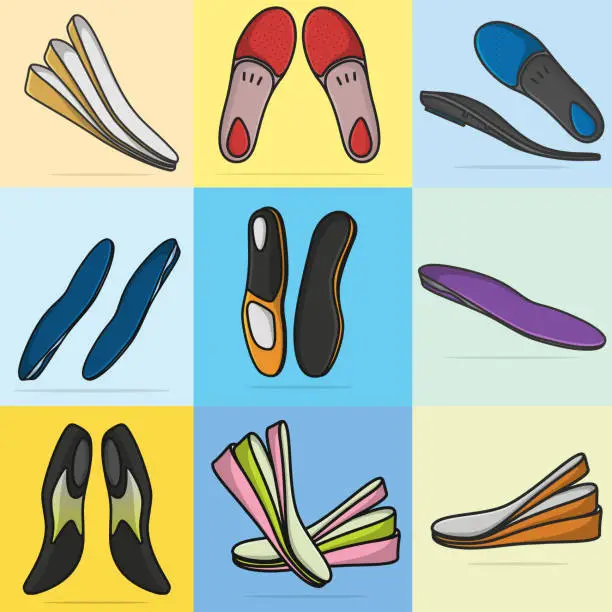 Vector illustration of Set of Comfortable Orthotics Shoe Insole Pair, Arch Supports vector illustration. Fashion object icon concept. Collection of insoles for a comfortable and healthy walk vector design with shadow.