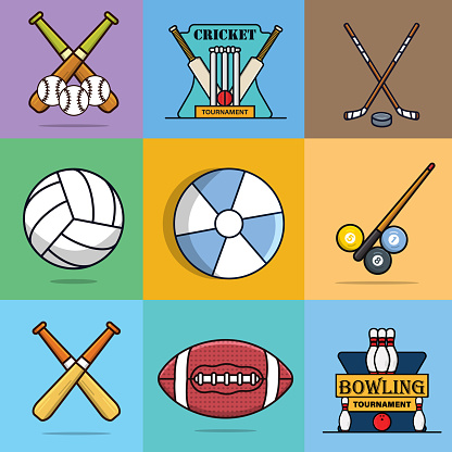 Set of Sports American Football with Volleyball, Billiard stick and balls, Colorful Beach Balloon, bat ball, hockey vector illustration. Sports objects icon concept. A sports lover with sports equipment element vector design.