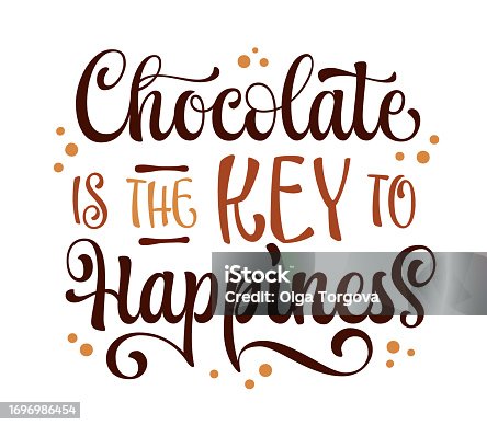 istock Inspirational modern calligraphy lettering phrase, Chocolate is the key to happiness. Isolated vector typography design element in a chocolate theme. Promotion template quote for web, prints, fashion 1696986454