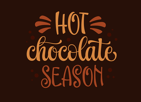Hot chocolate season, hand drawn lettering phrase. Cozy fall and winter season themed illustration. Isolated vector typography design element in modern calligraphy style. Bright text for any purposes