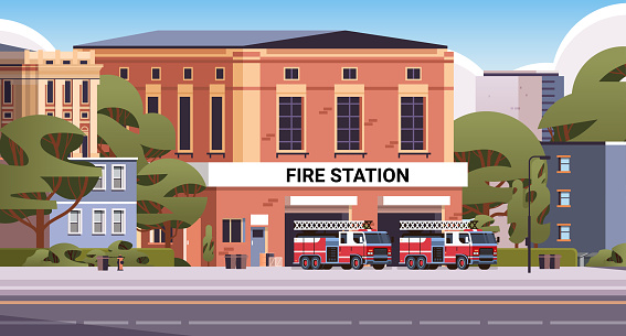 Fire station building fire department house facade and red emergency vehicle horizontal vector illustration