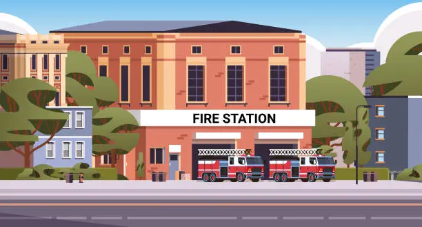 Vector illustration of Fire station building fire department house facade and red emergency vehicle horizontal