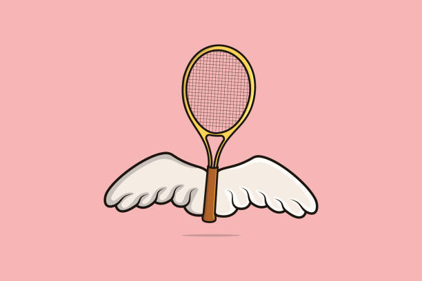 illustrazioni stock, clip art, cartoni animati e icone di tendenza di racchetta da tennis e illustrazione vettoriale delle ali. concetto di icona di oggetti sportivi. tennis con ali logo vettoriale. design vettoriale della racchetta volante con ombra su sfondo rosa. - tennis ball court tennis tennis racket