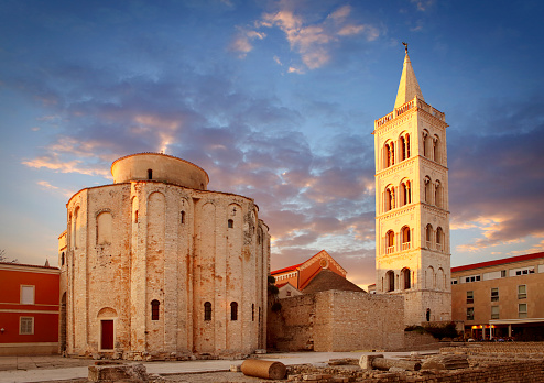 Church of St. Donatus and bell tower of Zadar cathedral in sunset light