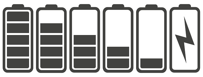 Battery charges in black. Battery charge indicator icons, vector graphics. EPS 10.