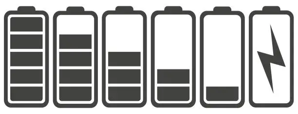 Vector illustration of Battery charges in black. Battery charge indicator icons, vector graphics.