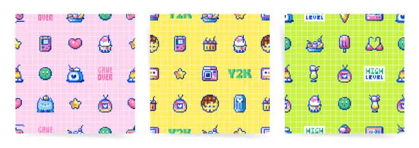 Vector illustration of Retro 8Bit Aesthetic. Seamless Pixel Art Pattern inspired by Y2K, 70s-90s Video Games. Old-School Arcade Design in Vector Format for Kids and Nostalgia Lovers. Colorful and Abstract Gamer Backgrounds.