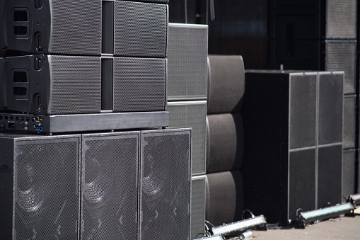 Sound equipment at a concert, close-up of the speaker system