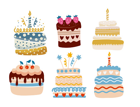 Cute Cartoon simple vector birthday cake cupcake vector set. Happy holiday cream cake with candles