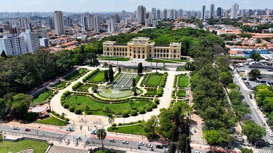 Famous Brazil Independence Museum at downtown Sao Paulo Brazil restorative in 2022. Medieval Building at downtown city. Scenic garden and landmark building of city. Sao Paulo Brazil.