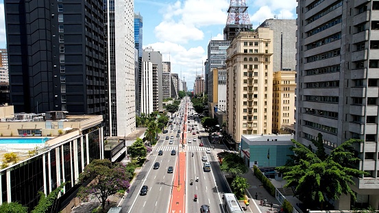 Paulista avenue at downtown Sao Paulo Brazil. Stunning landscape of tourism landmark avenue of city. Urban aerials. Aerial cityscape of famous Paulista avenue at downtown Sao Paulo Brazil.