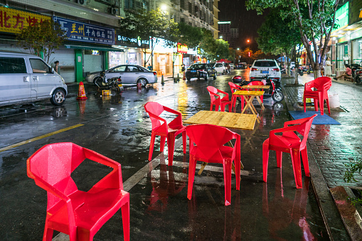 Wet coffee table and chairs after heavy rain at night
