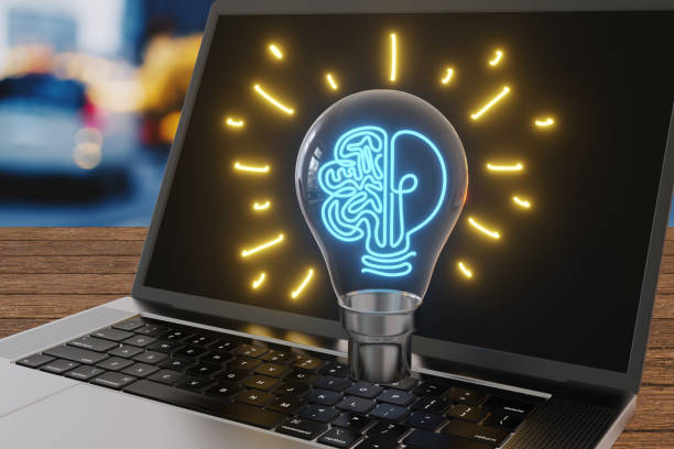 gráfico brilhante em forma de cérebro em uma lâmpada flutuando acima de um laptop prateado. ilustração do conceito de ideias de negócio e criatividade - direito autoral  - fotografias e filmes do acervo