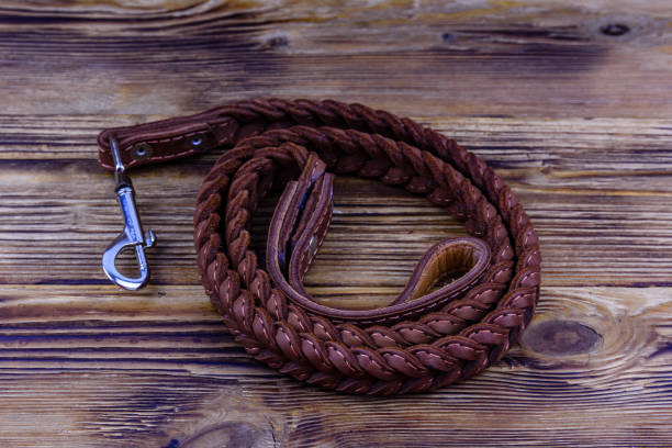 istock Brown leather dog leash on a wooden background 1697087210